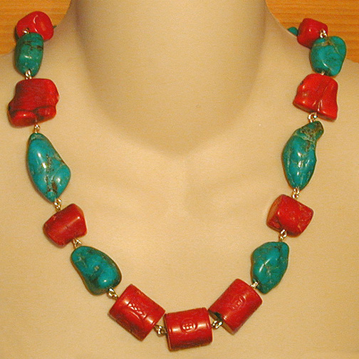 Carved Coral Chunk Necklace w/ Turquoise & Coral